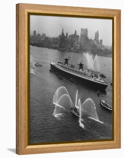 Fireboats Greeting the SS France, as It Enters the New York Harbor on Its Maiden Voyage-Ralph Morse-Framed Premier Image Canvas