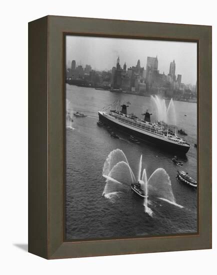 Fireboats Greeting the SS France, as It Enters the New York Harbor on Its Maiden Voyage-Ralph Morse-Framed Premier Image Canvas
