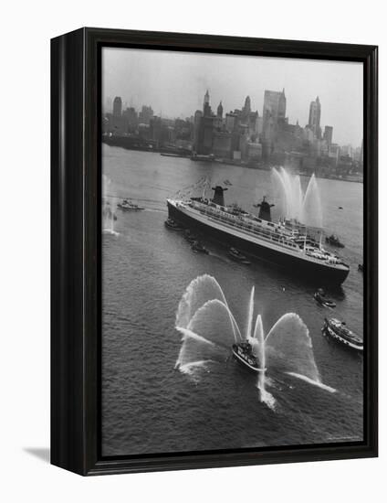 Fireboats Greeting the SS France, as It Enters the New York Harbor on Its Maiden Voyage-Ralph Morse-Framed Premier Image Canvas