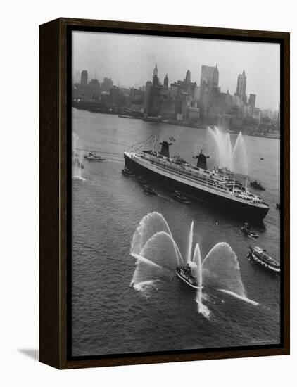 Fireboats Greeting the SS France, as It Enters the New York Harbor on Its Maiden Voyage-Ralph Morse-Framed Premier Image Canvas