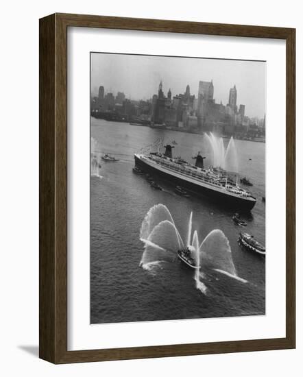 Fireboats Greeting the SS France, as It Enters the New York Harbor on Its Maiden Voyage-Ralph Morse-Framed Photographic Print