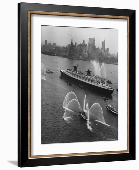 Fireboats Greeting the SS France, as It Enters the New York Harbor on Its Maiden Voyage-Ralph Morse-Framed Photographic Print