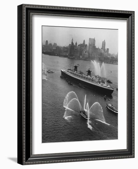 Fireboats Greeting the SS France, as It Enters the New York Harbor on Its Maiden Voyage-Ralph Morse-Framed Photographic Print