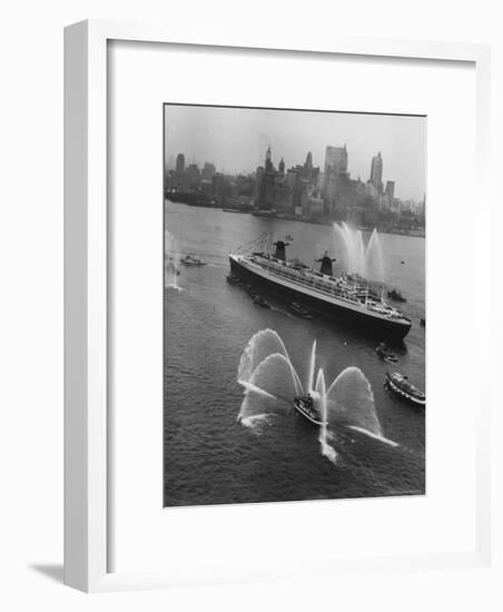 Fireboats Greeting the SS France, as It Enters the New York Harbor on Its Maiden Voyage-Ralph Morse-Framed Photographic Print