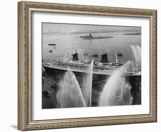 Fireboats Greeting the SS France, as It Enters the New York Harbor on Its Maiden Voyage-Ralph Morse-Framed Photographic Print