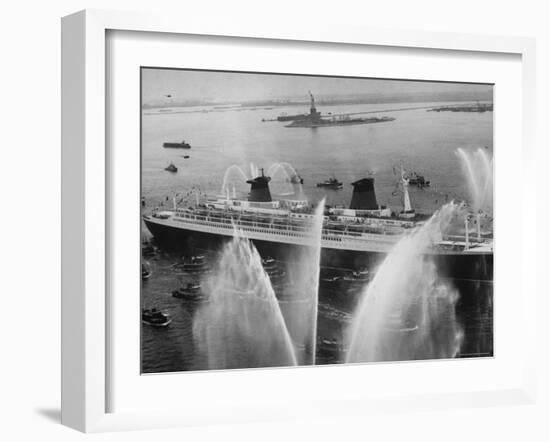 Fireboats Greeting the SS France, as It Enters the New York Harbor on Its Maiden Voyage-Ralph Morse-Framed Photographic Print