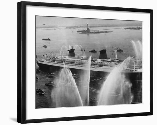 Fireboats Greeting the SS France, as It Enters the New York Harbor on Its Maiden Voyage-Ralph Morse-Framed Photographic Print