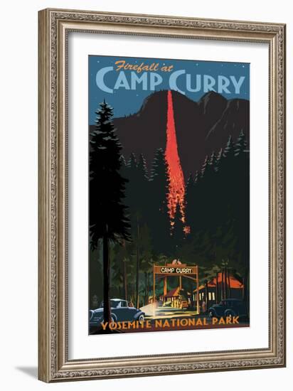 Firefall and Camp Curry - Yosemite National Park, California-Lantern Press-Framed Art Print