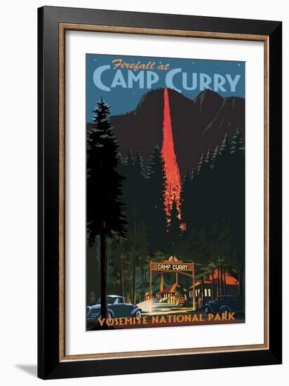 Firefall and Camp Curry - Yosemite National Park, California-Lantern Press-Framed Art Print