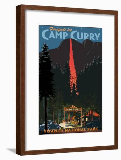 Firefall and Camp Curry - Yosemite National Park, California-Lantern Press-Framed Art Print