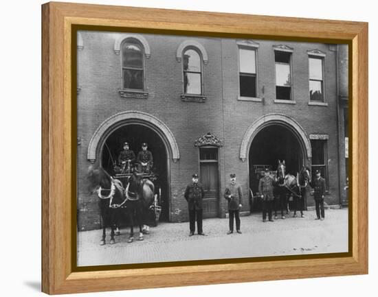 Firefighters Posing in Front of their Firehouse-Allan Grant-Framed Premier Image Canvas