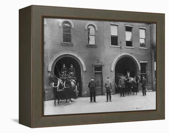 Firefighters Posing in Front of their Firehouse-Allan Grant-Framed Premier Image Canvas