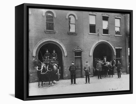 Firefighters Posing in Front of their Firehouse-Allan Grant-Framed Premier Image Canvas