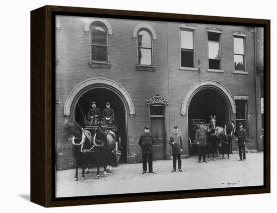 Firefighters Posing in Front of their Firehouse-Allan Grant-Framed Premier Image Canvas