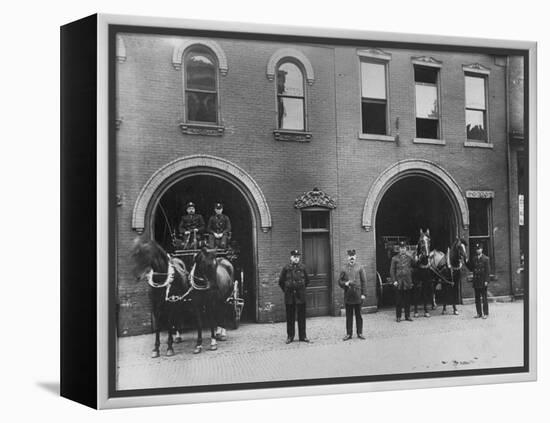 Firefighters Posing in Front of their Firehouse-Allan Grant-Framed Premier Image Canvas