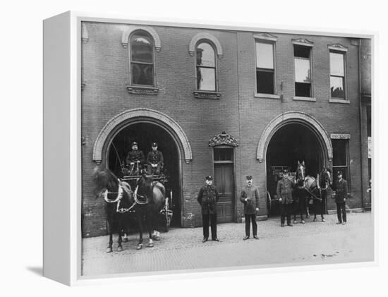 Firefighters Posing in Front of their Firehouse-Allan Grant-Framed Premier Image Canvas
