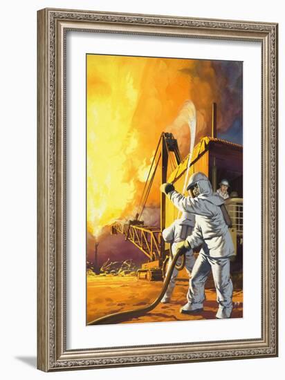 Fireman in Safety Suit Fighting a Fire at an Oil Field-Angus Mcbride-Framed Giclee Print