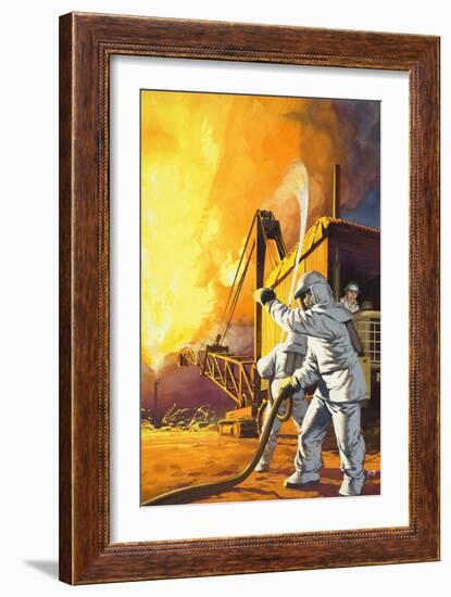 Fireman in Safety Suit Fighting a Fire at an Oil Field-Angus Mcbride-Framed Giclee Print