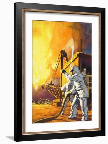 Fireman in Safety Suit Fighting a Fire at an Oil Field-Angus Mcbride-Framed Giclee Print