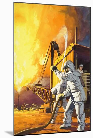 Fireman in Safety Suit Fighting a Fire at an Oil Field-Angus Mcbride-Mounted Giclee Print