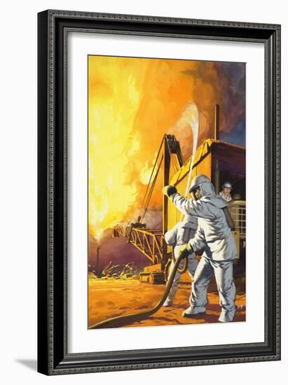 Fireman in Safety Suit Fighting a Fire at an Oil Field-Angus Mcbride-Framed Giclee Print