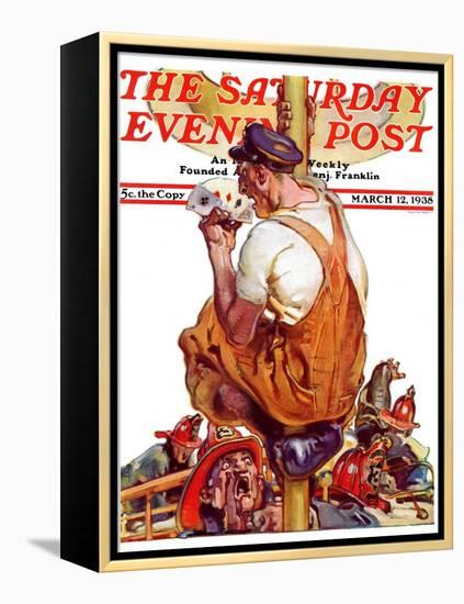 "Fireman with Winning Hand," Saturday Evening Post Cover, March 12, 1938-Samuel Nelson Abbott-Framed Premier Image Canvas