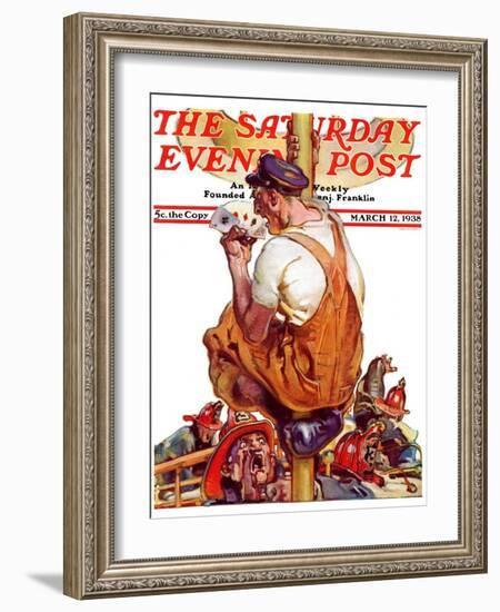 "Fireman with Winning Hand," Saturday Evening Post Cover, March 12, 1938-Samuel Nelson Abbott-Framed Giclee Print