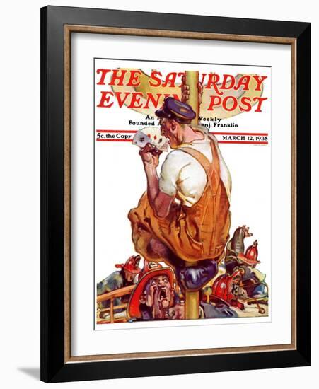 "Fireman with Winning Hand," Saturday Evening Post Cover, March 12, 1938-Samuel Nelson Abbott-Framed Giclee Print