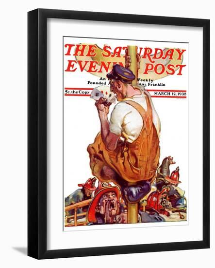 "Fireman with Winning Hand," Saturday Evening Post Cover, March 12, 1938-Samuel Nelson Abbott-Framed Giclee Print