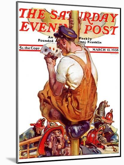 "Fireman with Winning Hand," Saturday Evening Post Cover, March 12, 1938-Samuel Nelson Abbott-Mounted Giclee Print