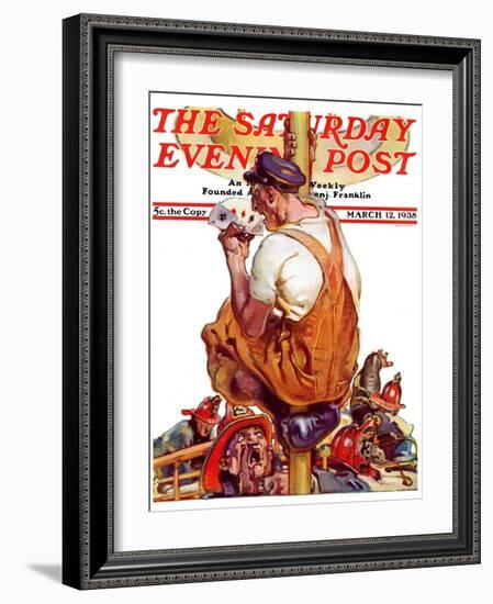 "Fireman with Winning Hand," Saturday Evening Post Cover, March 12, 1938-Samuel Nelson Abbott-Framed Giclee Print