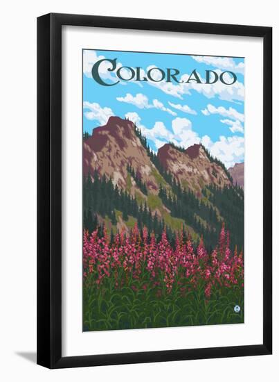 Fireweed and Mountains - Colorado-Lantern Press-Framed Art Print