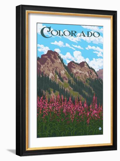 Fireweed and Mountains - Colorado-Lantern Press-Framed Art Print