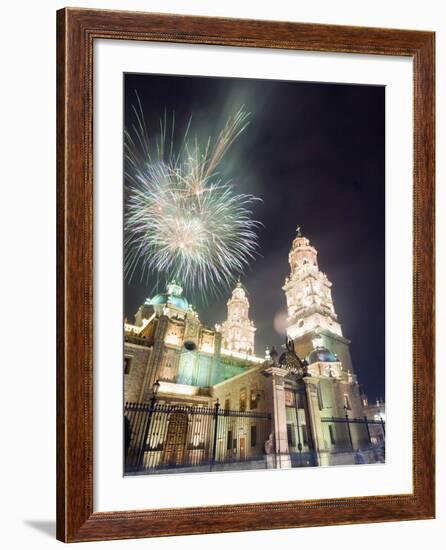 Firework Display Over the Cathedral, Morelia, Michoacan State, Mexico, North America-Christian Kober-Framed Photographic Print