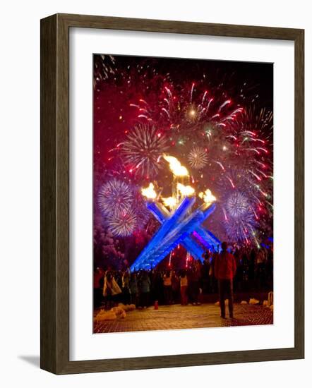 Fireworks after Gretzky Lit the Olympic Cauldron at the Opening Ceremonies of the 2010 Winter Games-null-Framed Photographic Print