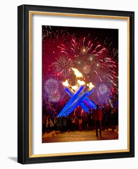 Fireworks after Gretzky Lit the Olympic Cauldron at the Opening Ceremonies of the 2010 Winter Games-null-Framed Photographic Print