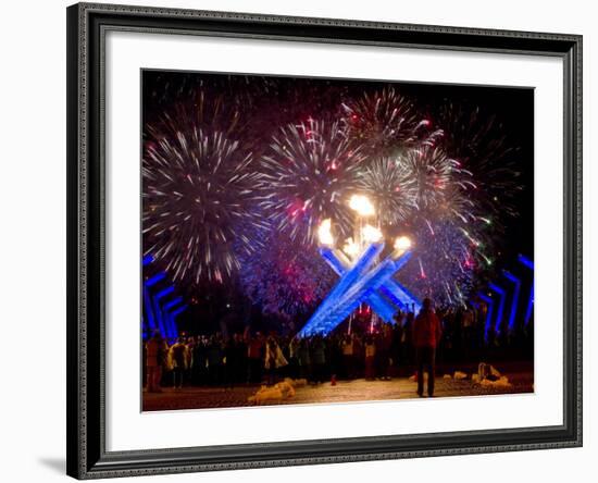 Fireworks after Gretzky Lit the Olympic Cauldron at the Opening Ceremonies of the 2010 Winter Games-null-Framed Photographic Print