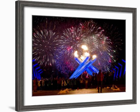 Fireworks after Gretzky Lit the Olympic Cauldron at the Opening Ceremonies of the 2010 Winter Games-null-Framed Photographic Print