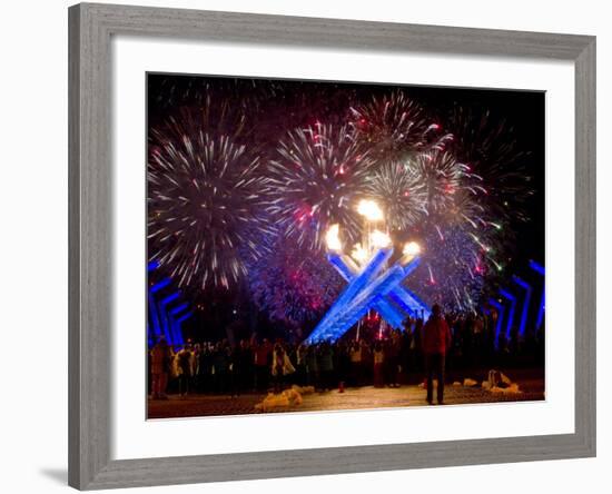 Fireworks after Gretzky Lit the Olympic Cauldron at the Opening Ceremonies of the 2010 Winter Games-null-Framed Photographic Print