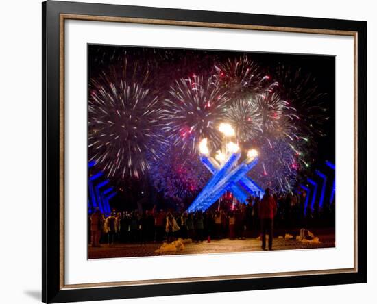 Fireworks after Gretzky Lit the Olympic Cauldron at the Opening Ceremonies of the 2010 Winter Games-null-Framed Photographic Print