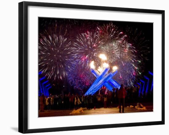 Fireworks after Gretzky Lit the Olympic Cauldron at the Opening Ceremonies of the 2010 Winter Games-null-Framed Photographic Print