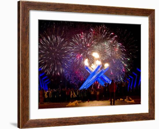 Fireworks after Gretzky Lit the Olympic Cauldron at the Opening Ceremonies of the 2010 Winter Games-null-Framed Photographic Print