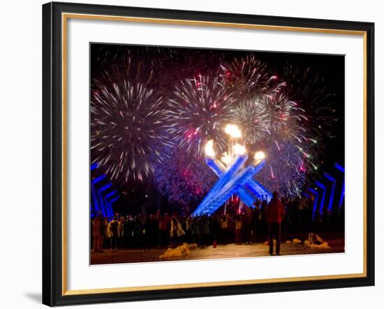 Fireworks after Gretzky Lit the Olympic Cauldron at the Opening Ceremonies of the 2010 Winter Games-null-Framed Photographic Print