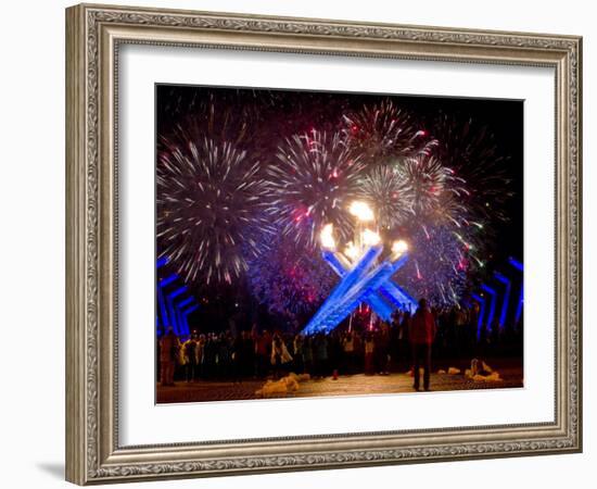 Fireworks after Gretzky Lit the Olympic Cauldron at the Opening Ceremonies of the 2010 Winter Games-null-Framed Photographic Print