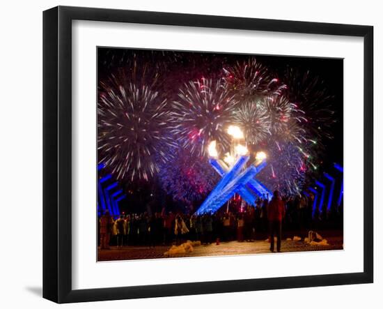 Fireworks after Gretzky Lit the Olympic Cauldron at the Opening Ceremonies of the 2010 Winter Games-null-Framed Photographic Print