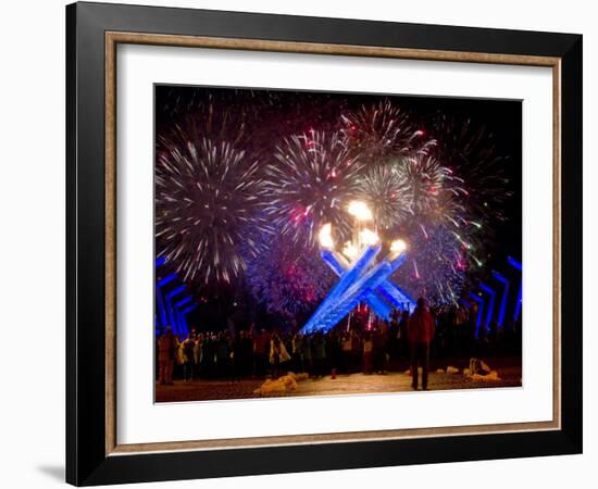 Fireworks after Gretzky Lit the Olympic Cauldron at the Opening Ceremonies of the 2010 Winter Games-null-Framed Photographic Print