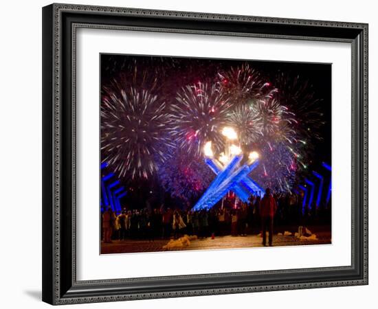 Fireworks after Gretzky Lit the Olympic Cauldron at the Opening Ceremonies of the 2010 Winter Games-null-Framed Photographic Print