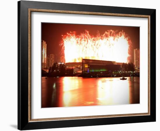 Fireworks are Seen over the BC Place after the Opening Ceremony for the Vancouver 2010 Olympics-null-Framed Photographic Print
