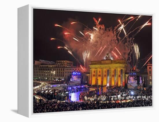 Fireworks at the Brandenburg Gate in Berlin, Germany Commemorating the Fall of the Berlin Wall-null-Framed Premier Image Canvas