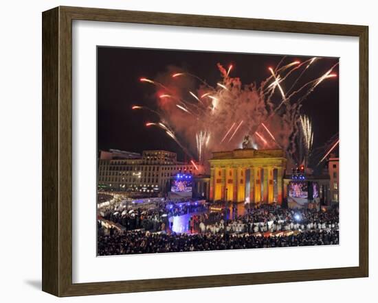 Fireworks at the Brandenburg Gate in Berlin, Germany Commemorating the Fall of the Berlin Wall-null-Framed Photographic Print